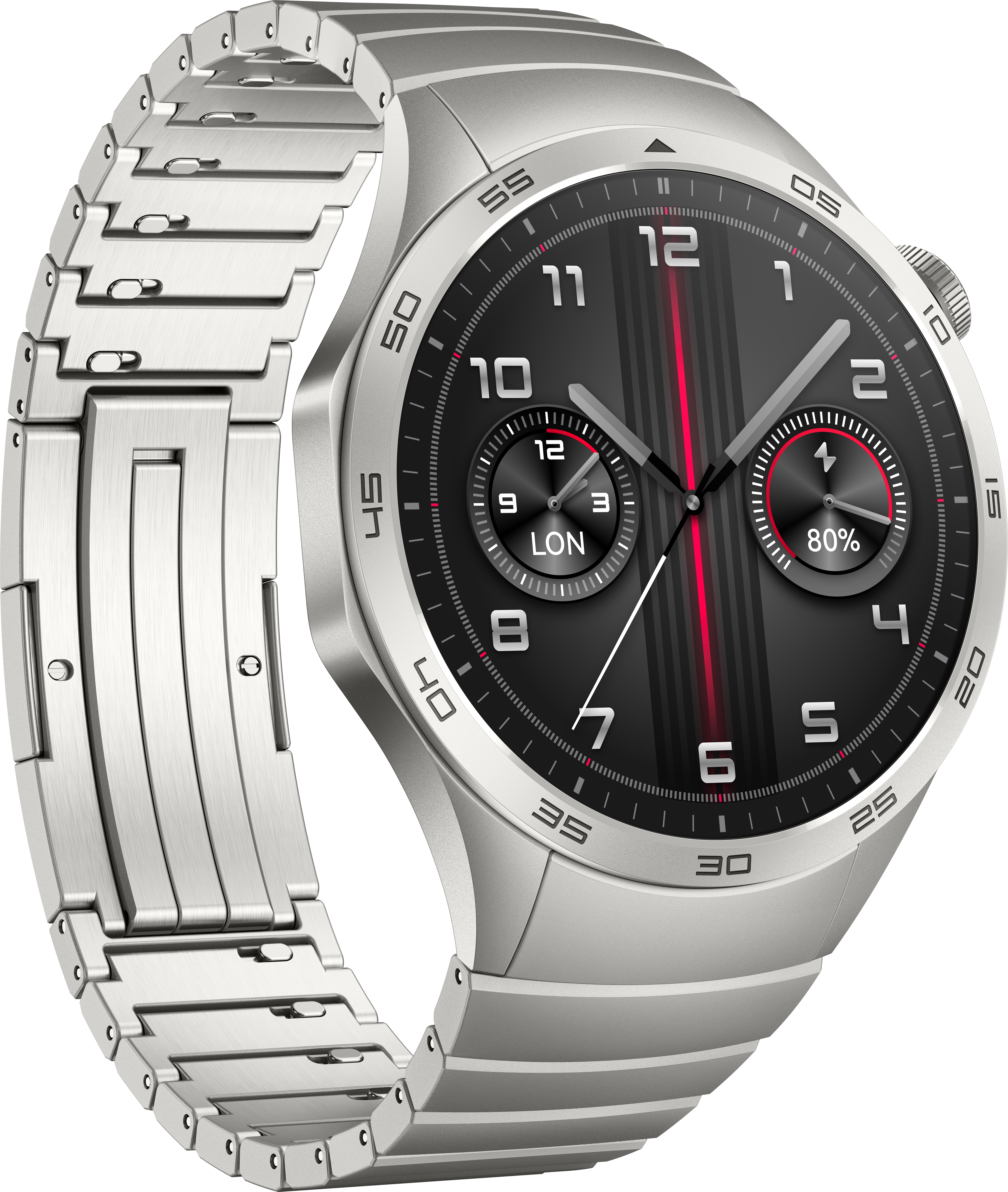 Smartwatch argentato con quadrante nero. Il cinturino è anch'esso argentato e metallico.