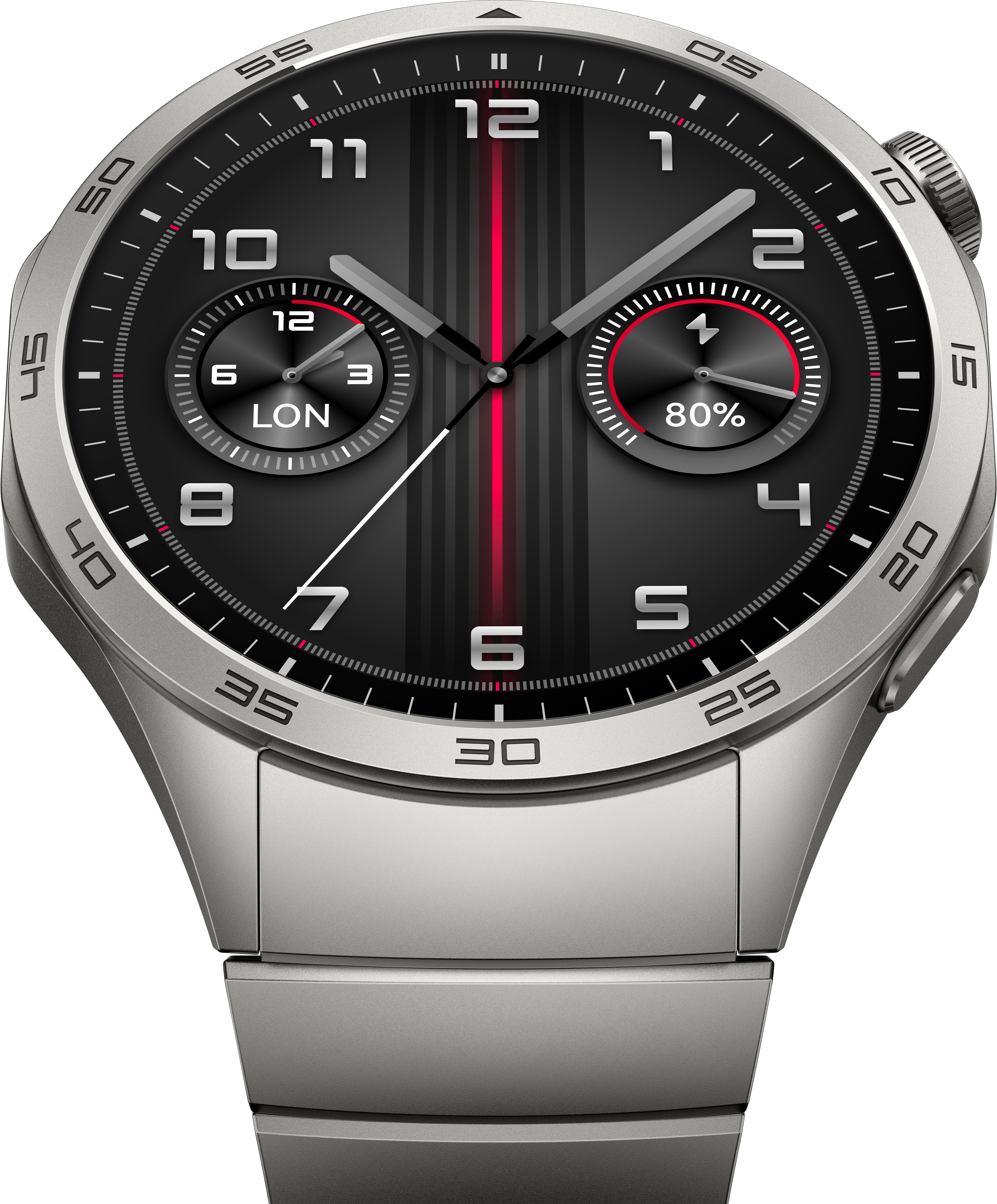 Smartwatch argentato con quadrante nero. Visualizza l'ora e la percentuale della batteria. Sfondo bianco.