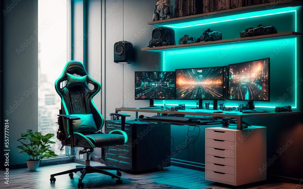 Gaming-Zimmer mit drei Monitoren, Gaming-Stuhl und Schreibtisch. Das Zimmer hat ein neonblaues Thema.