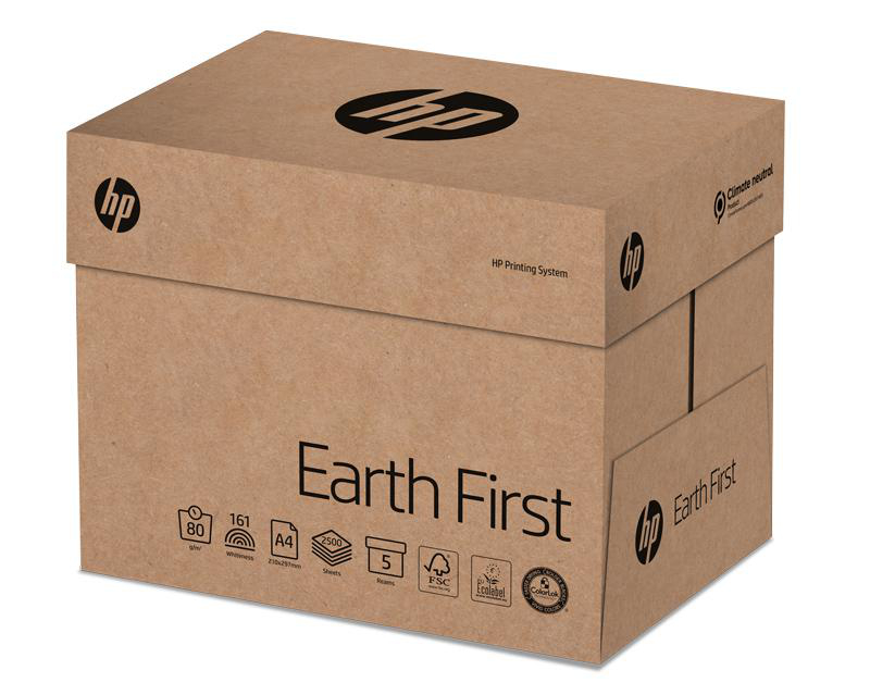 Braune Pappschachtel mit HP-Logo und Text "Earth First".