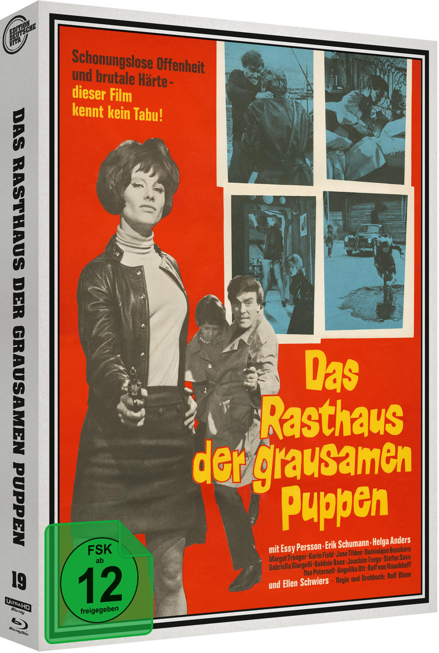 Filmplakat: Frau mit Pistole, Mann hält Kind. Text auf Deutsch: Das Rasthaus der grausamen Puppen.