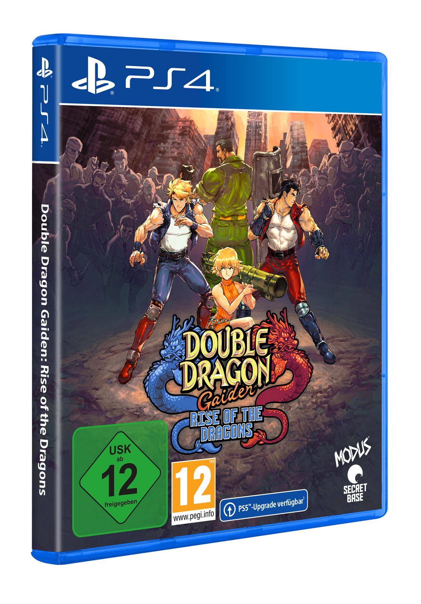 PS4-Spielbox. Die Vorderseite zeigt drei Charaktere und einen Drachen. Der Titel ist Double Dragon.