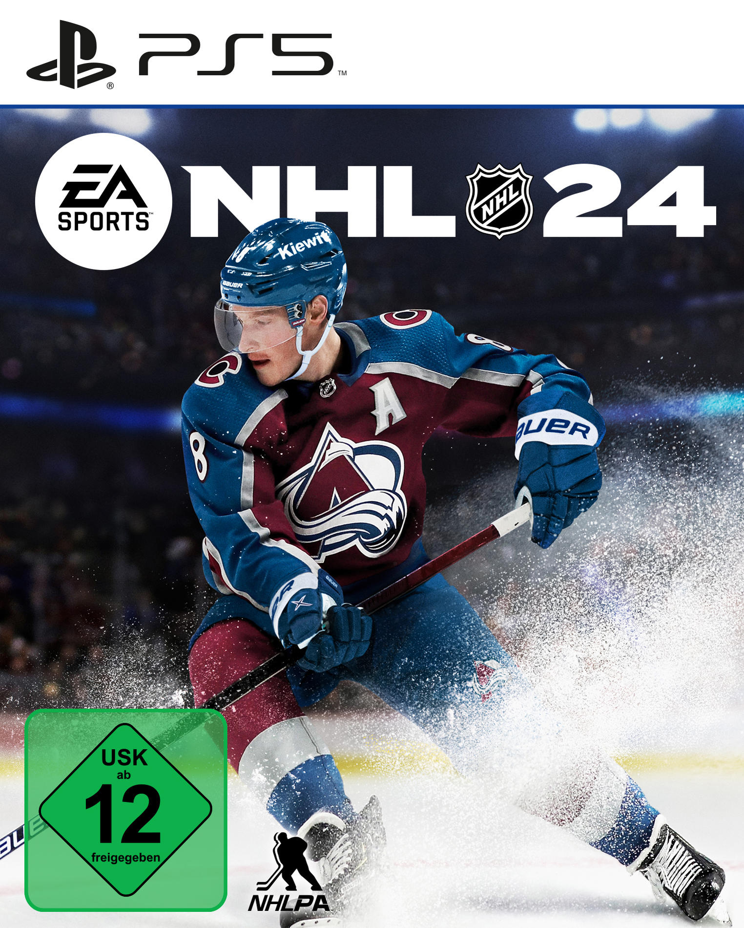NHL 24 Spielcover. Eishockeyspieler auf Eis, PS5-Logo und USK-Bewertung.