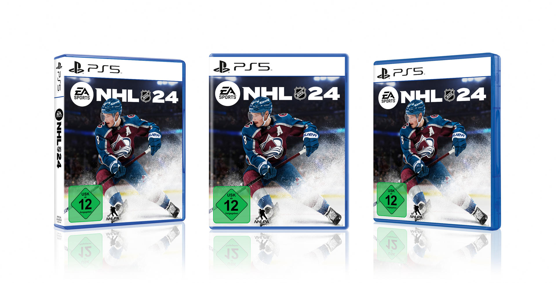 PS5-Spielboxen von NHL 24. Drei Boxen nebeneinander. Hockeyspieler auf dem Cover.