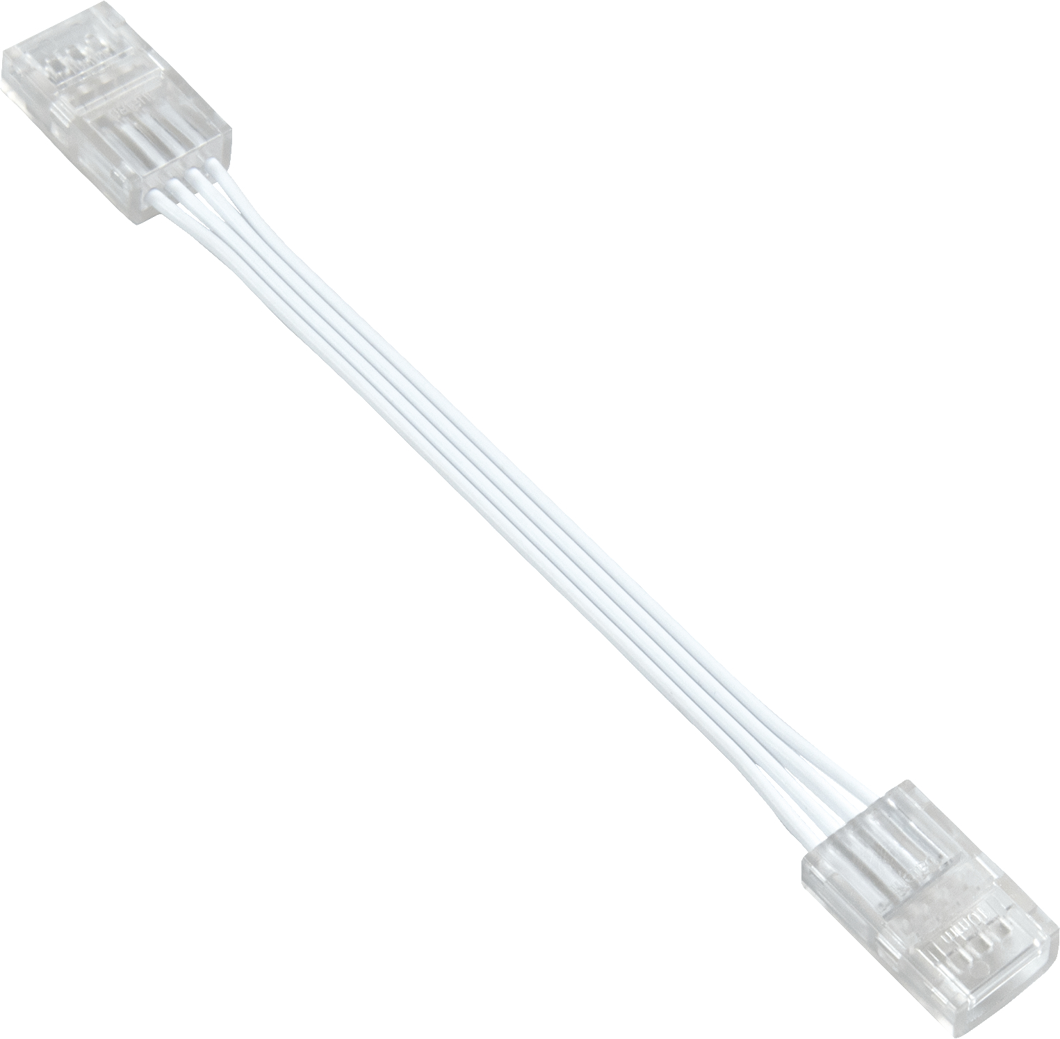 Ein weißes Kabel mit Steckern an jedem Ende. Das Kabel hat vier sichtbare Innenleiter.