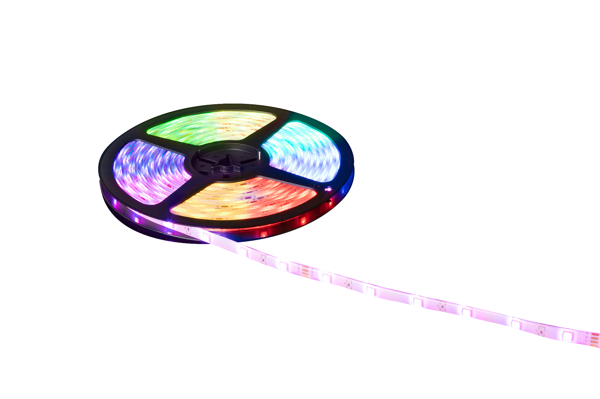 Aufgerollter LED-Lichtstreifen, der verschiedene Farben emittiert. Weißer Hintergrund.