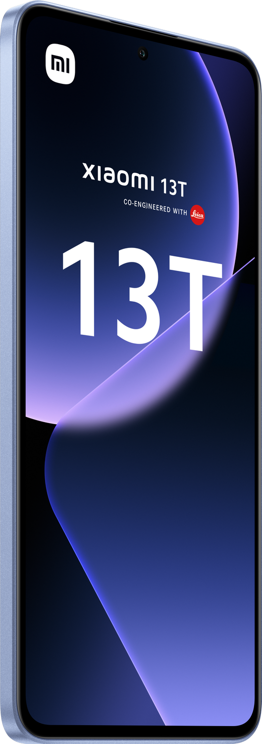 Un teléfono inteligente Xiaomi 13T azul con un gran texto 13T en la pantalla.