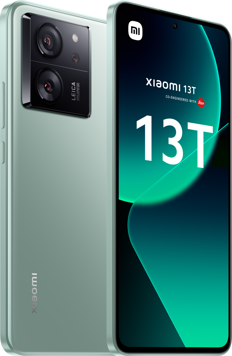 Un smartphone Xiaomi 13T verde, vista trasera.