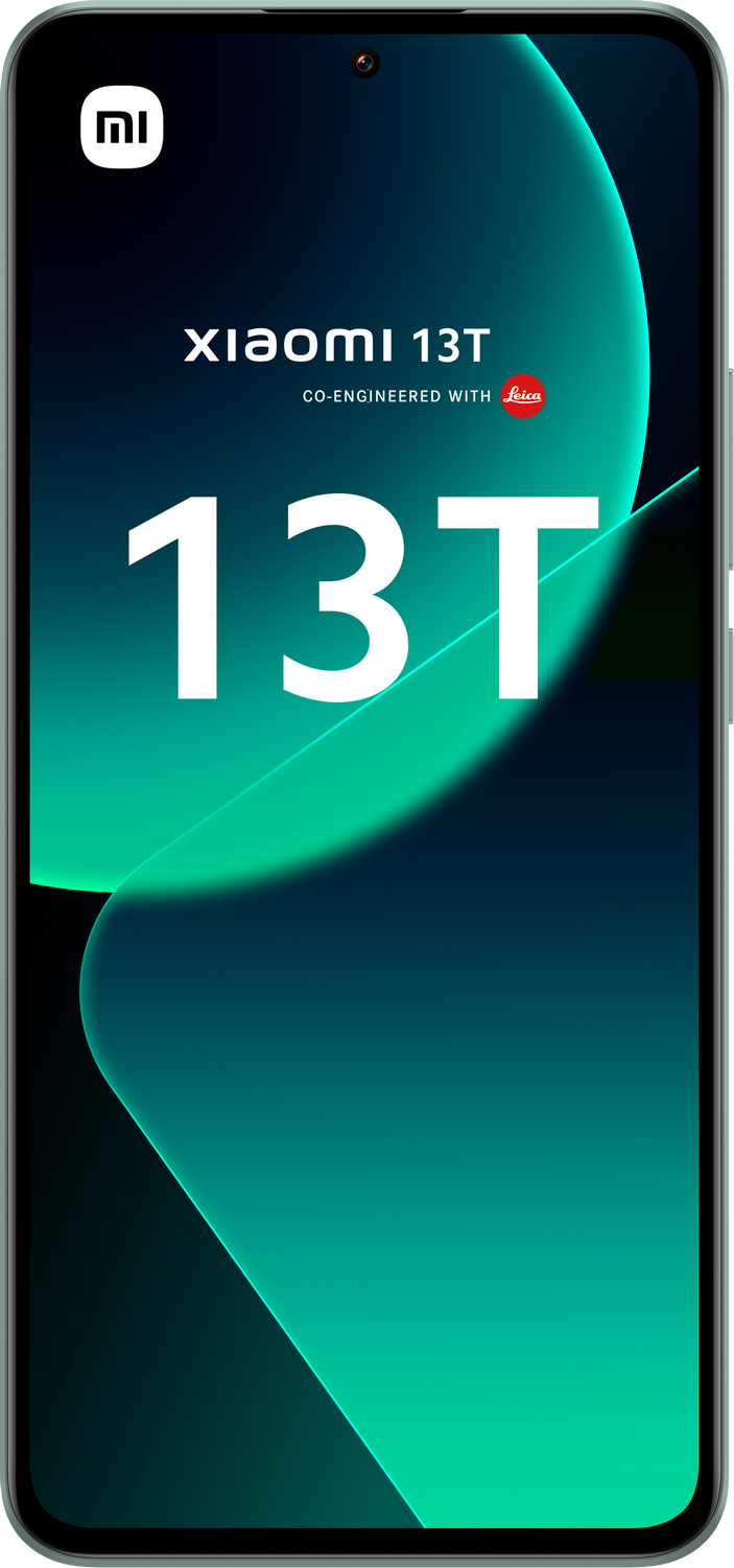 Teléfono Xiaomi 13T sobre fondo blanco. La pantalla muestra un degradado turquesa y aguamarina.