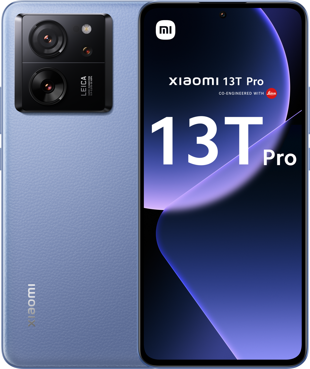 Un teléfono azul Xiaomi 13T Pro con tres cámaras traseras y el logotipo de la marca.
