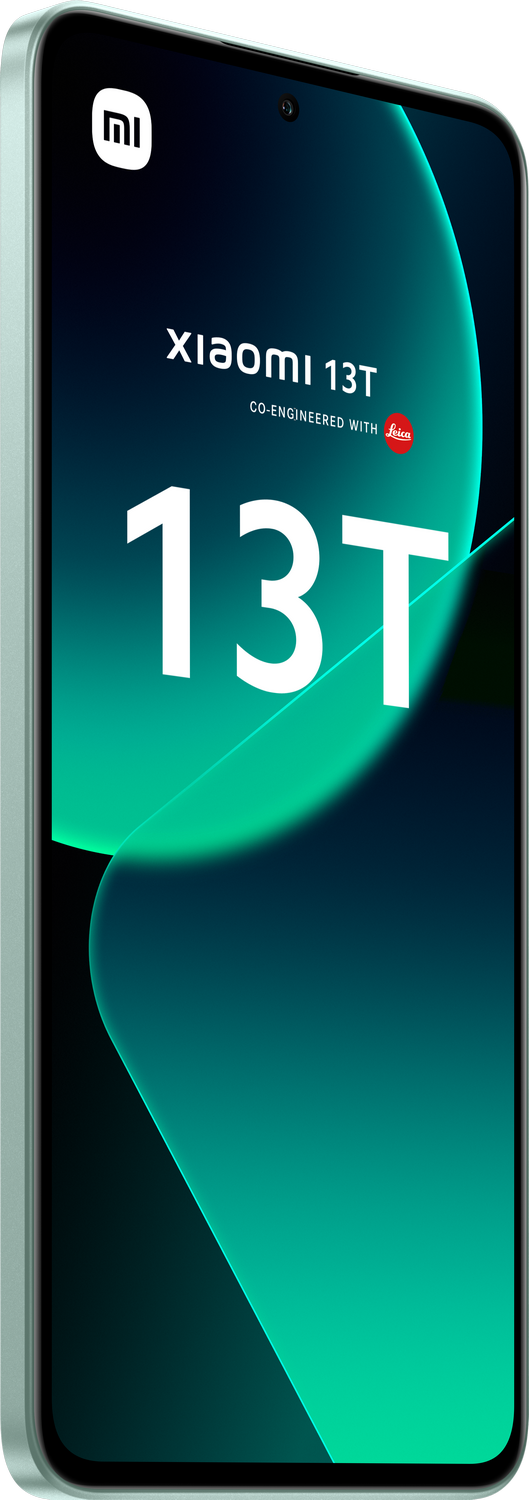 Teléfono Xiaomi 13T con fondo degradado turquesa, mostrando el teléfono de lado.