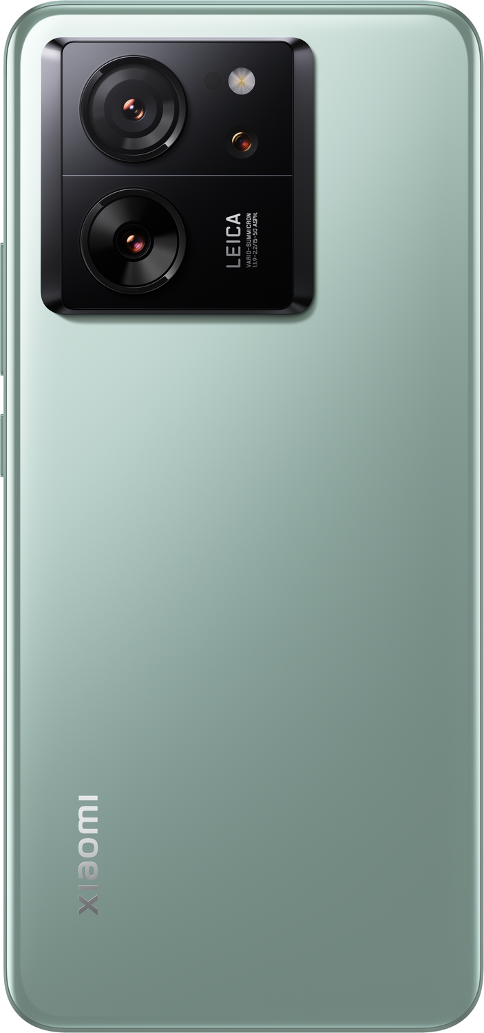 Un teléfono inteligente verde con un módulo de cámara Leica, dos lentes y el logotipo de Xiaomi.