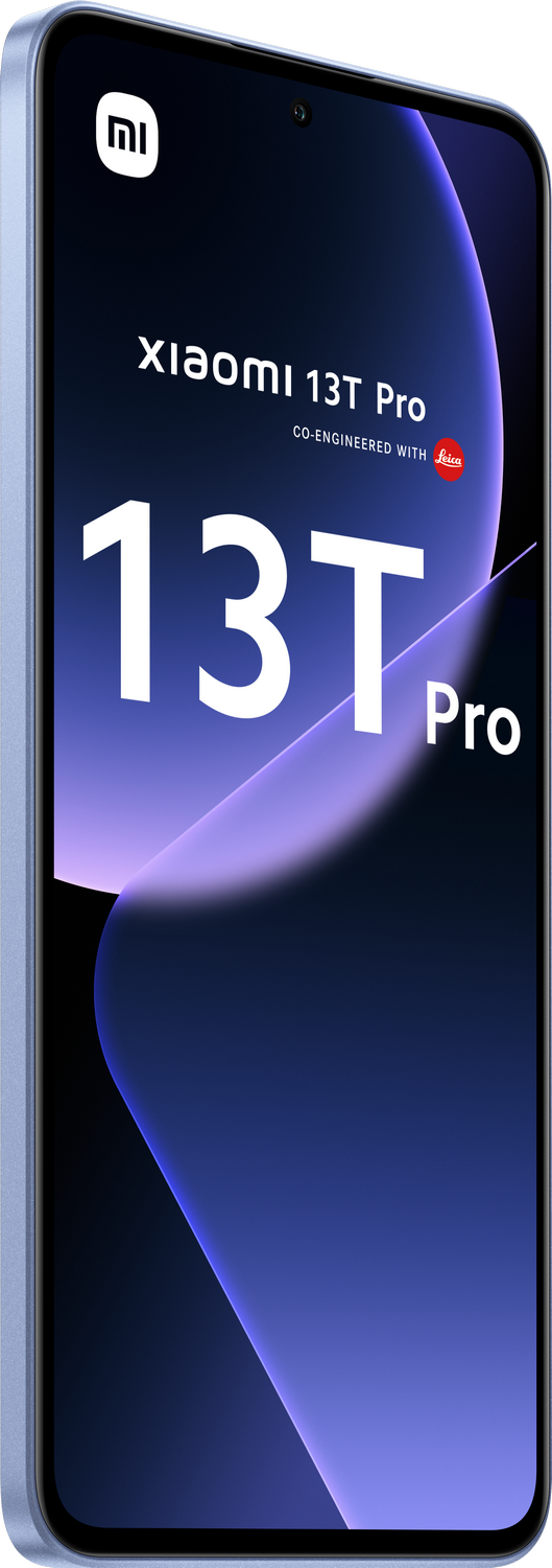 Smartphone Xiaomi 13T Pro. Teléfono azul con texto blanco sobre fondo oscuro.