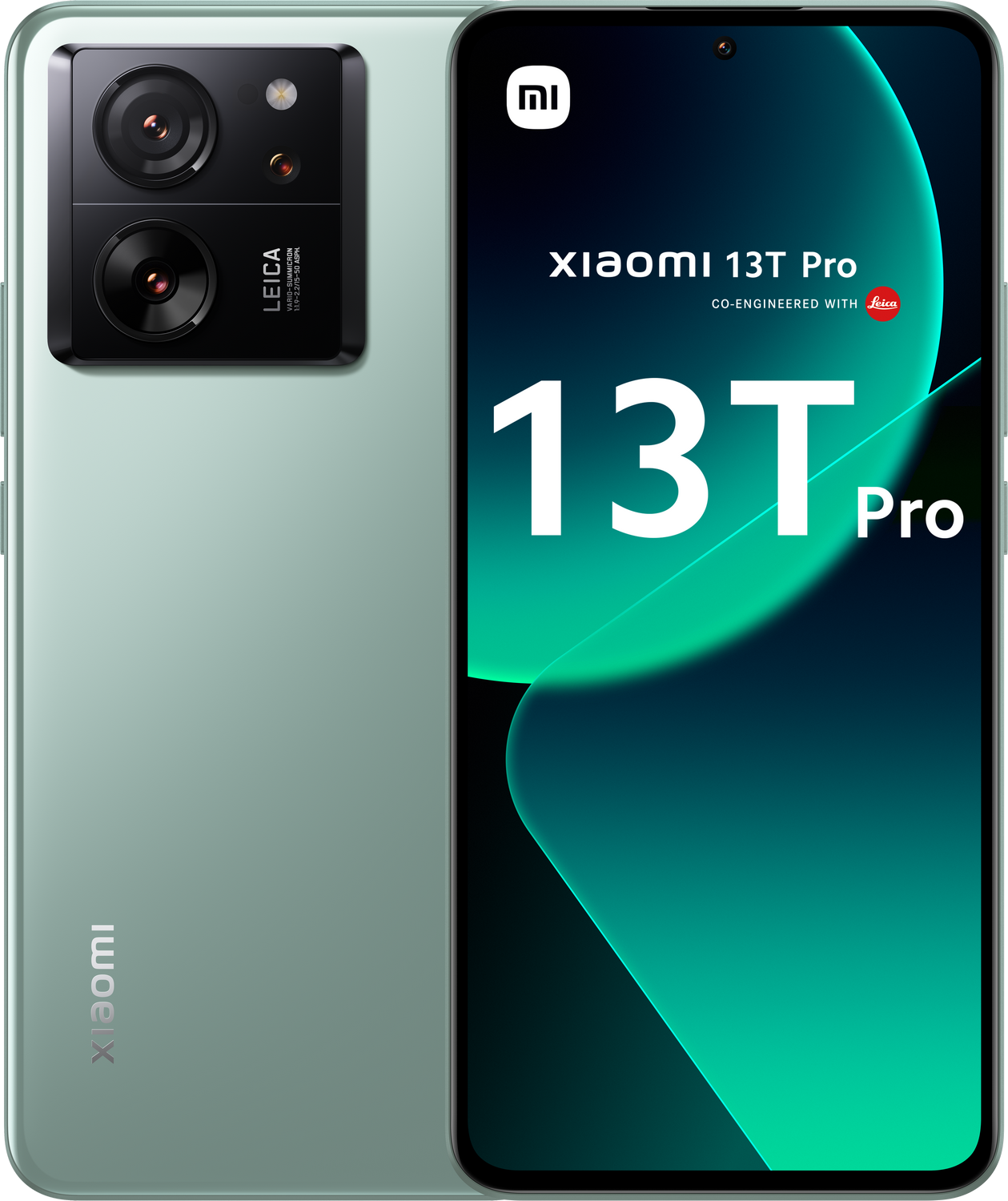 Teléfono Xiaomi 13T Pro en verde, vista trasera. Con cámaras Leica y logotipo Xiaomi.