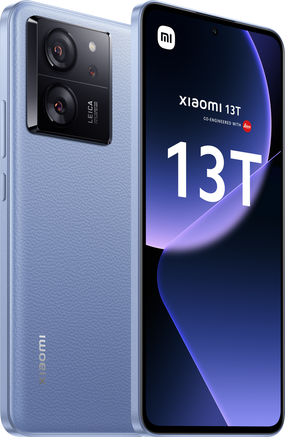 Teléfono Xiaomi 13T. Parte trasera azul, sistema de cámara triple Leica y pantalla frontal con texto.