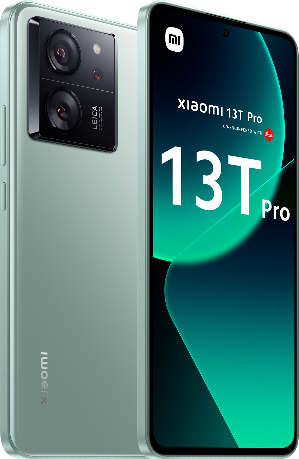 Un smartphone verde menta con tres cámaras traseras se muestra sobre un fondo verde azulado.