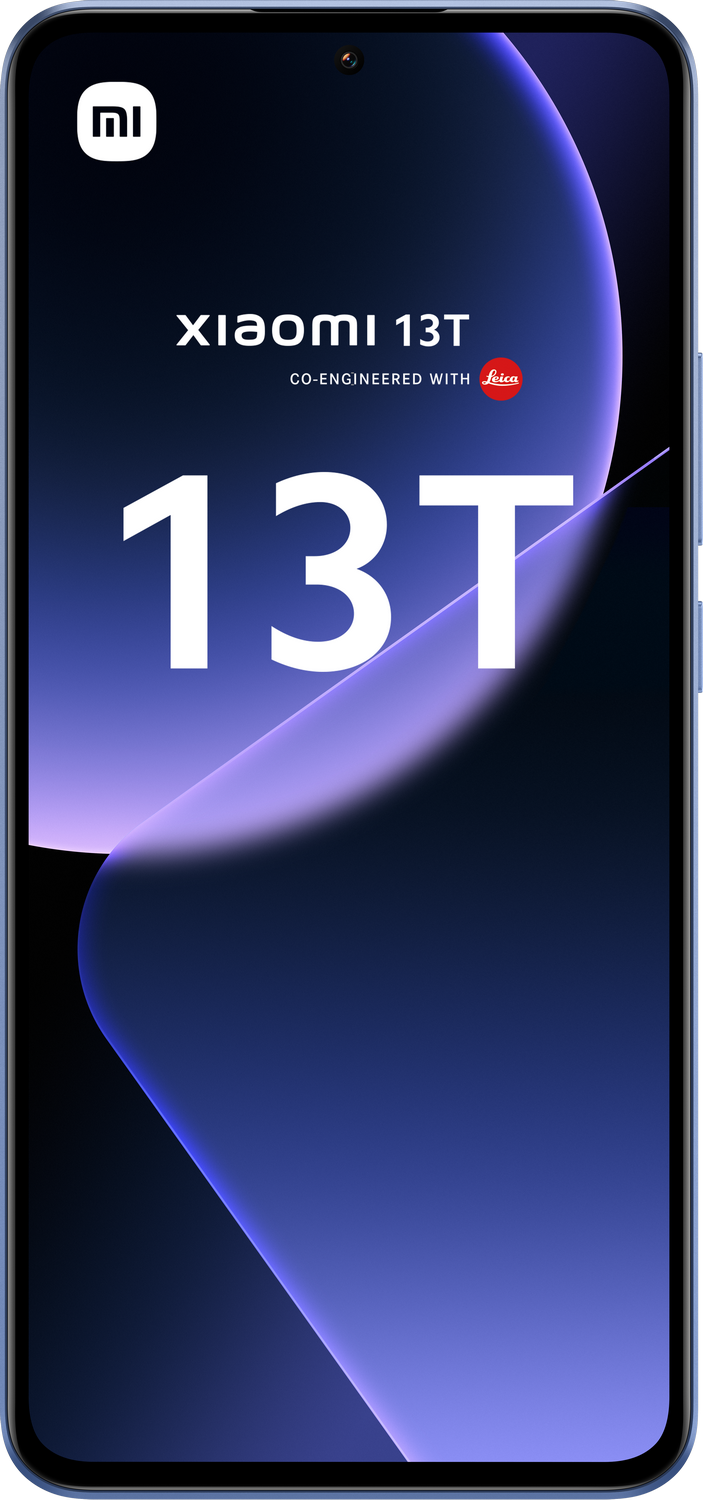 Teléfono inteligente azul, la pantalla muestra el texto Xiaomi 13T.