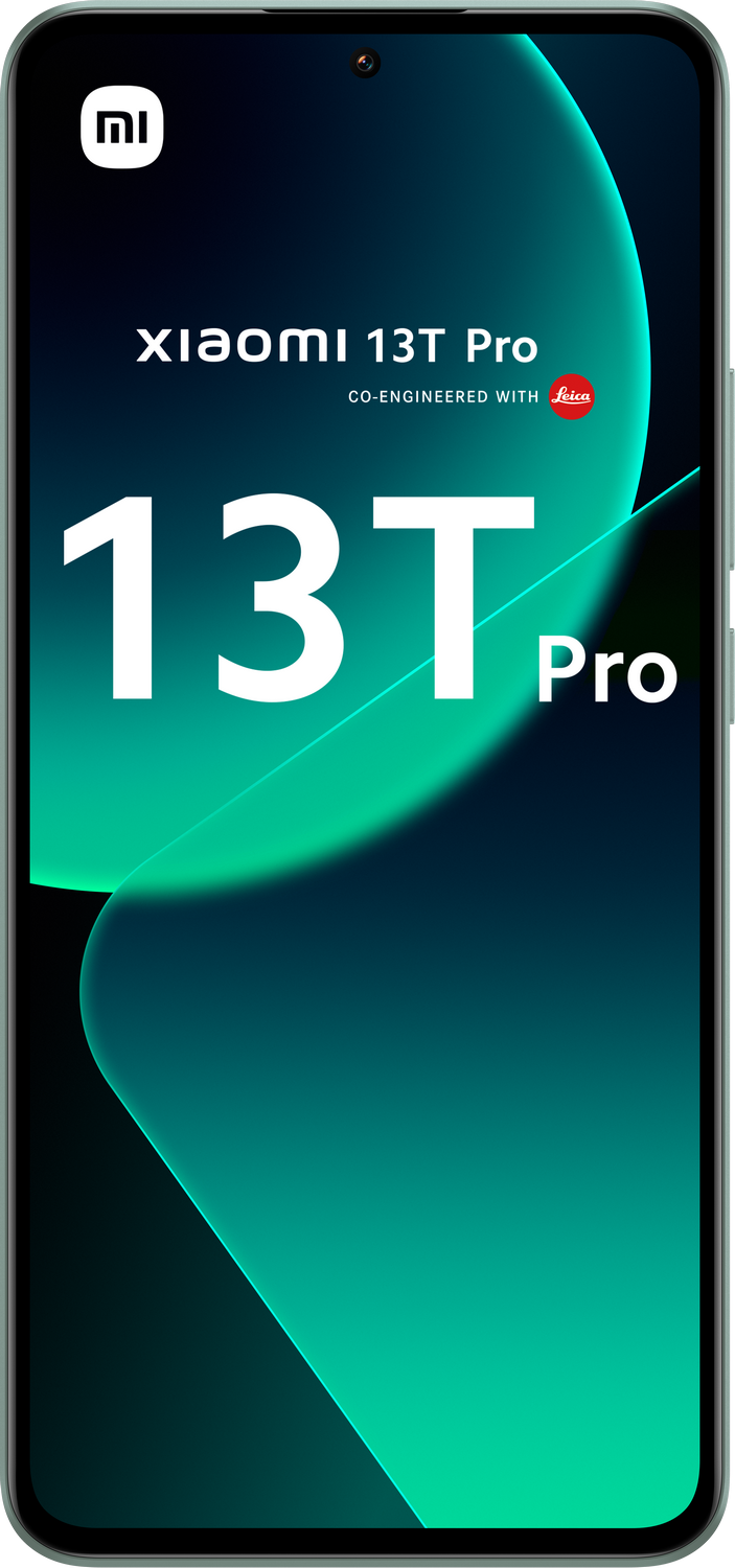 Un nuevo smartphone con una pantalla grande. El teléfono es verde azulado, con los logotipos de Xiaomi y Leica.