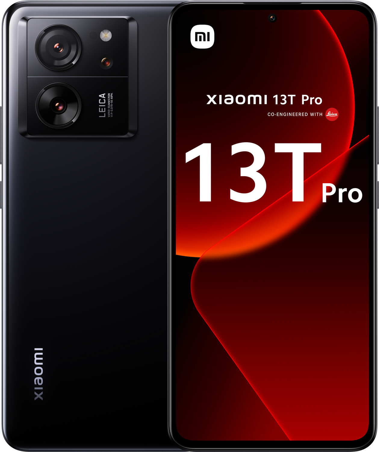 Un smartphone negro con un conjunto de cámaras y texto en la pantalla, sobre un fondo blanco.