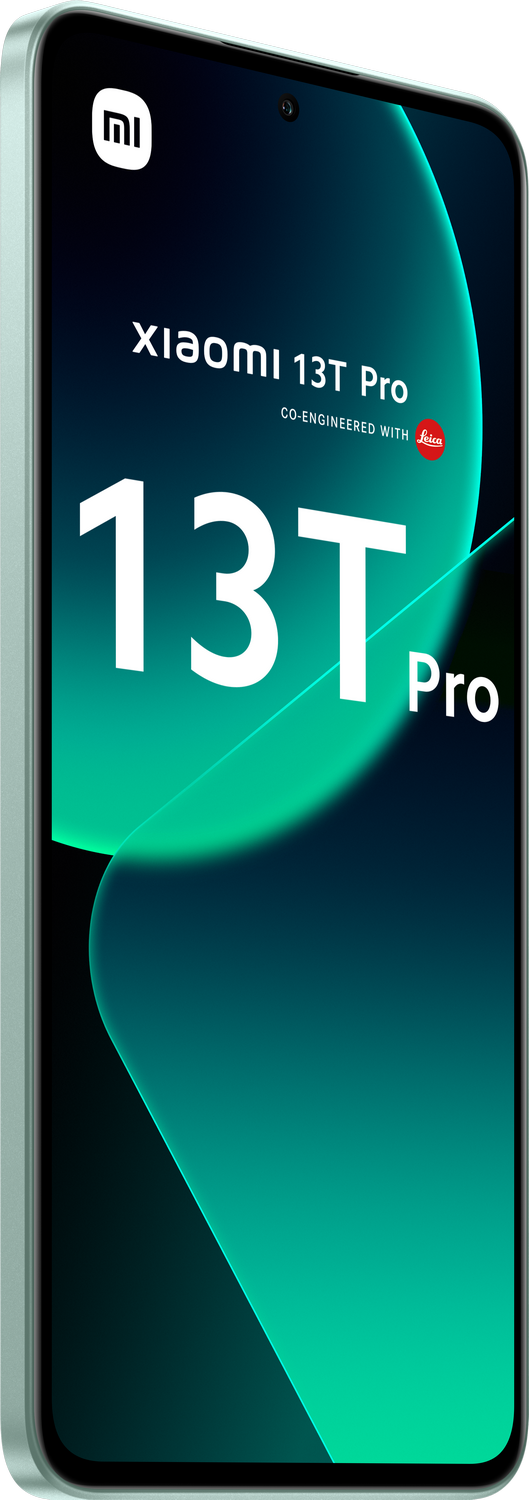 Un teléfono Xiaomi 13T Pro verde, vista en ángulo. Muestra la pantalla del teléfono con texto y el logotipo de Leica.