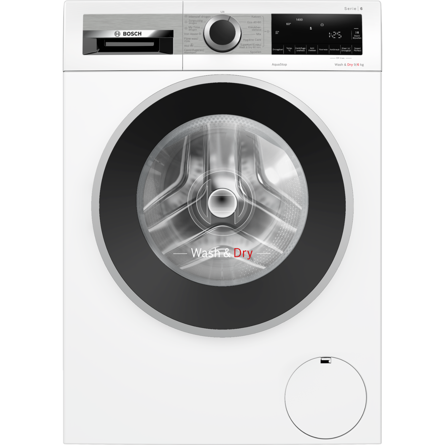 Witte wasmachine met een zwarte deur en bedieningspaneel.