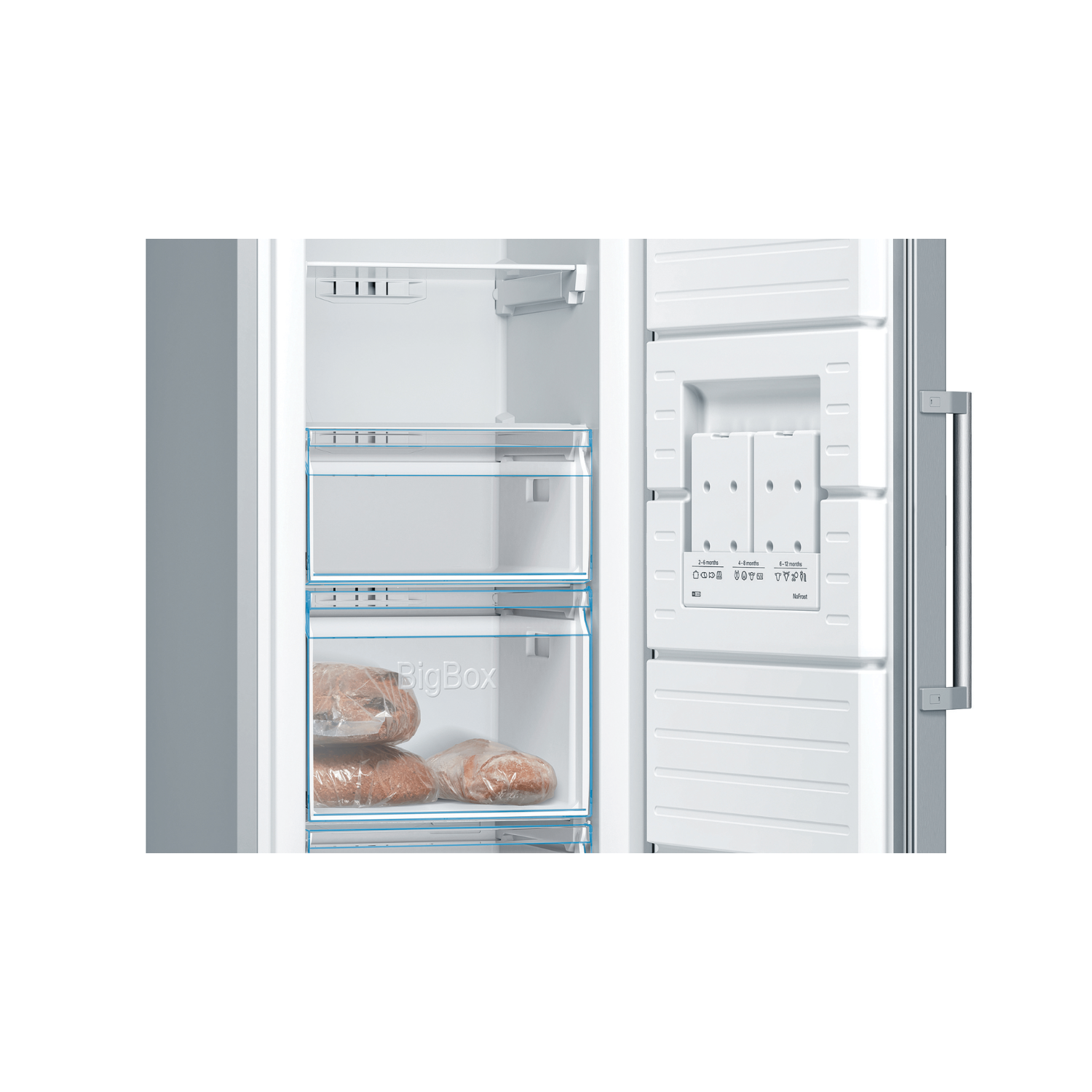 The inside of a refrigerator with the freezer door open. There are shelves and drawers.