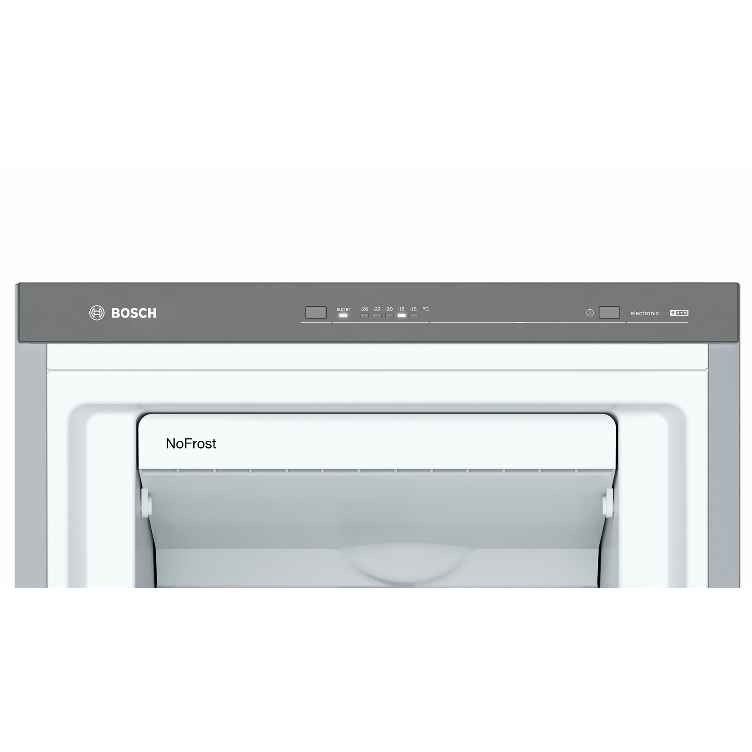 A close-up of a refrigerator. The top panel has settings and the Bosch logo. The door is open.