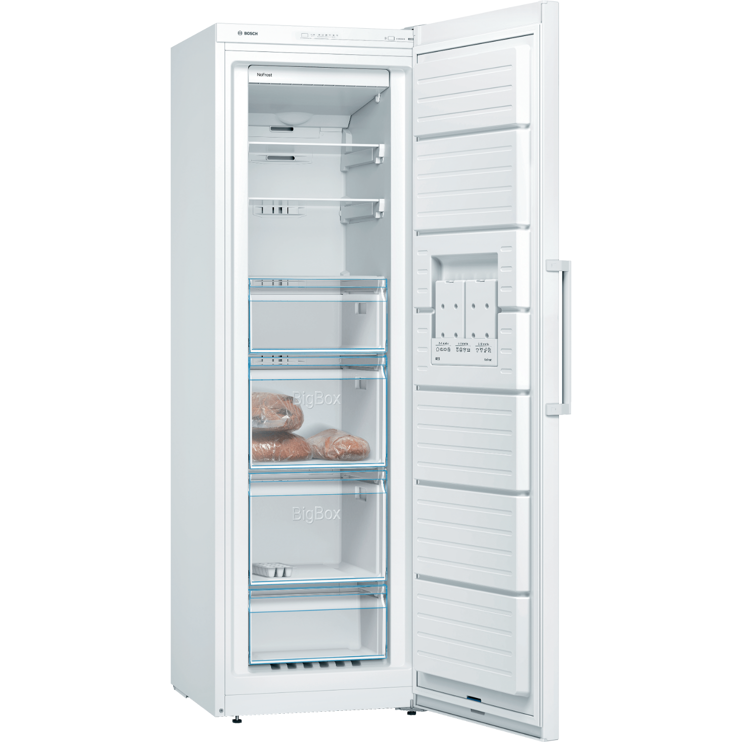White refrigerator with open door, showing shelves, drawers, and food.