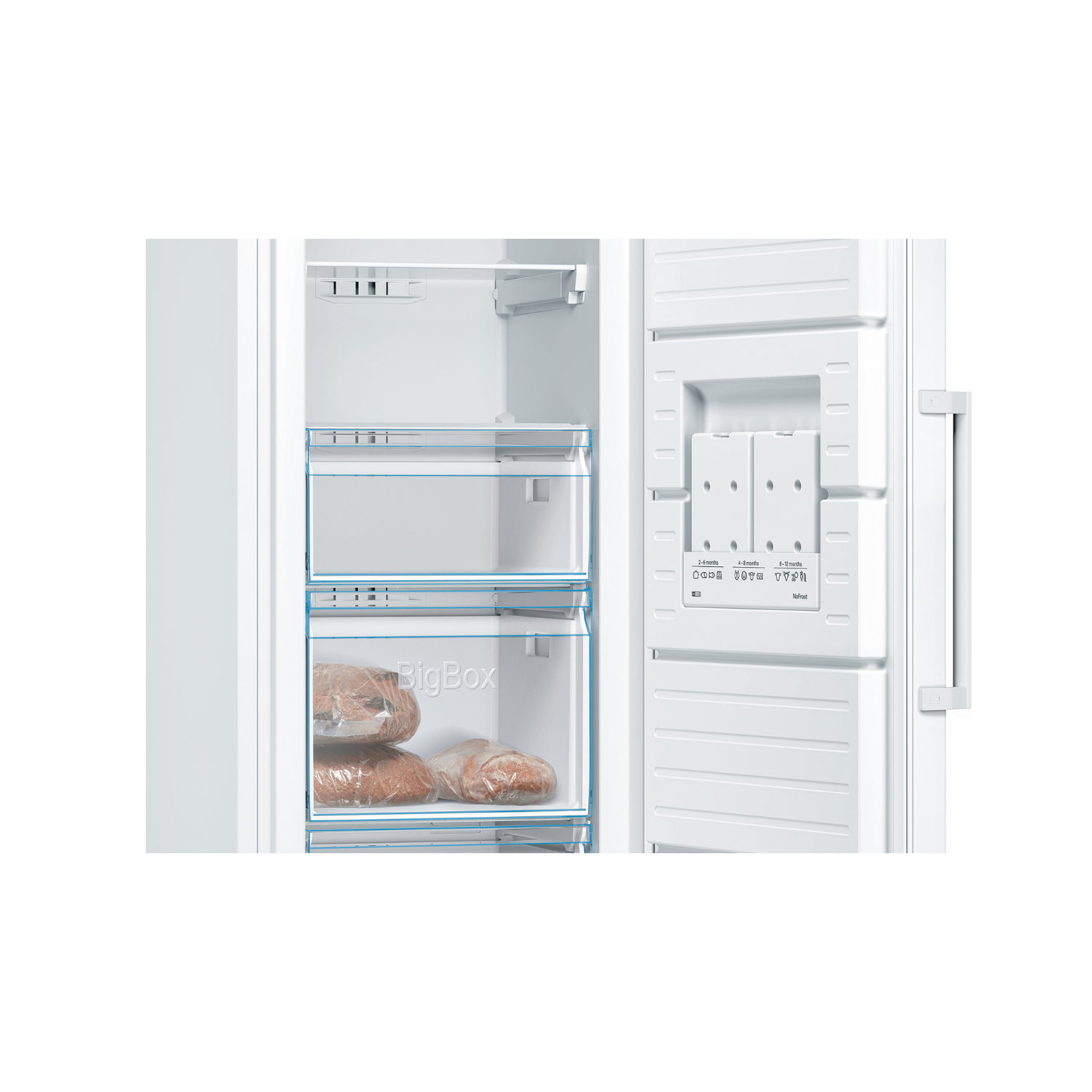 Inside a white freezer, with drawers and shelves. Two bags of food are in a drawer.