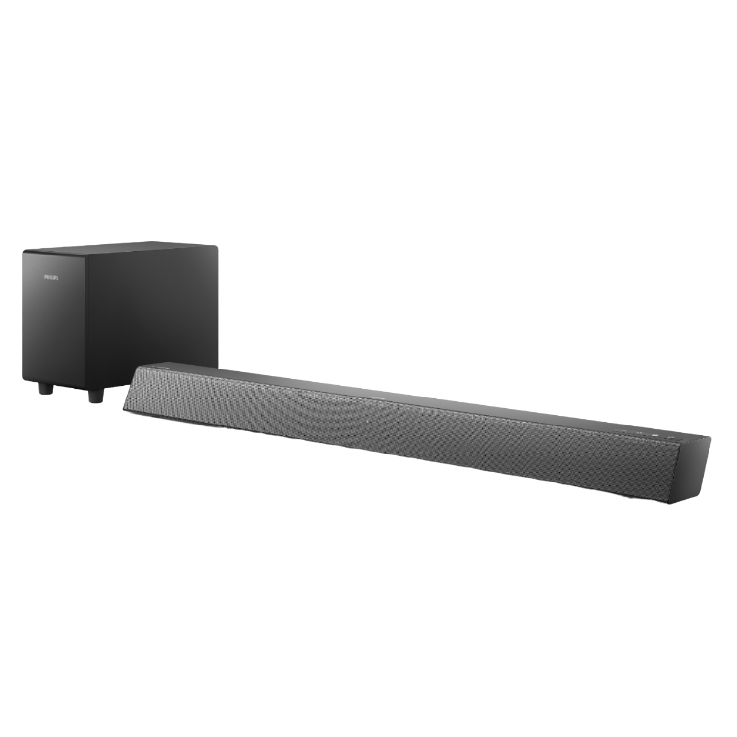 Een zwarte soundbar en subwoofer set op een zwarte achtergrond.