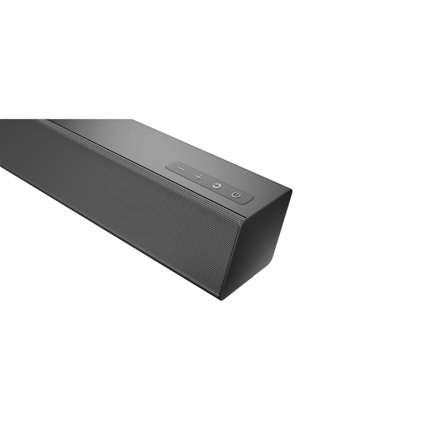 Zwarte soundbar, schuine weergave, met volume- en aan/uit-knoppen bovenop.