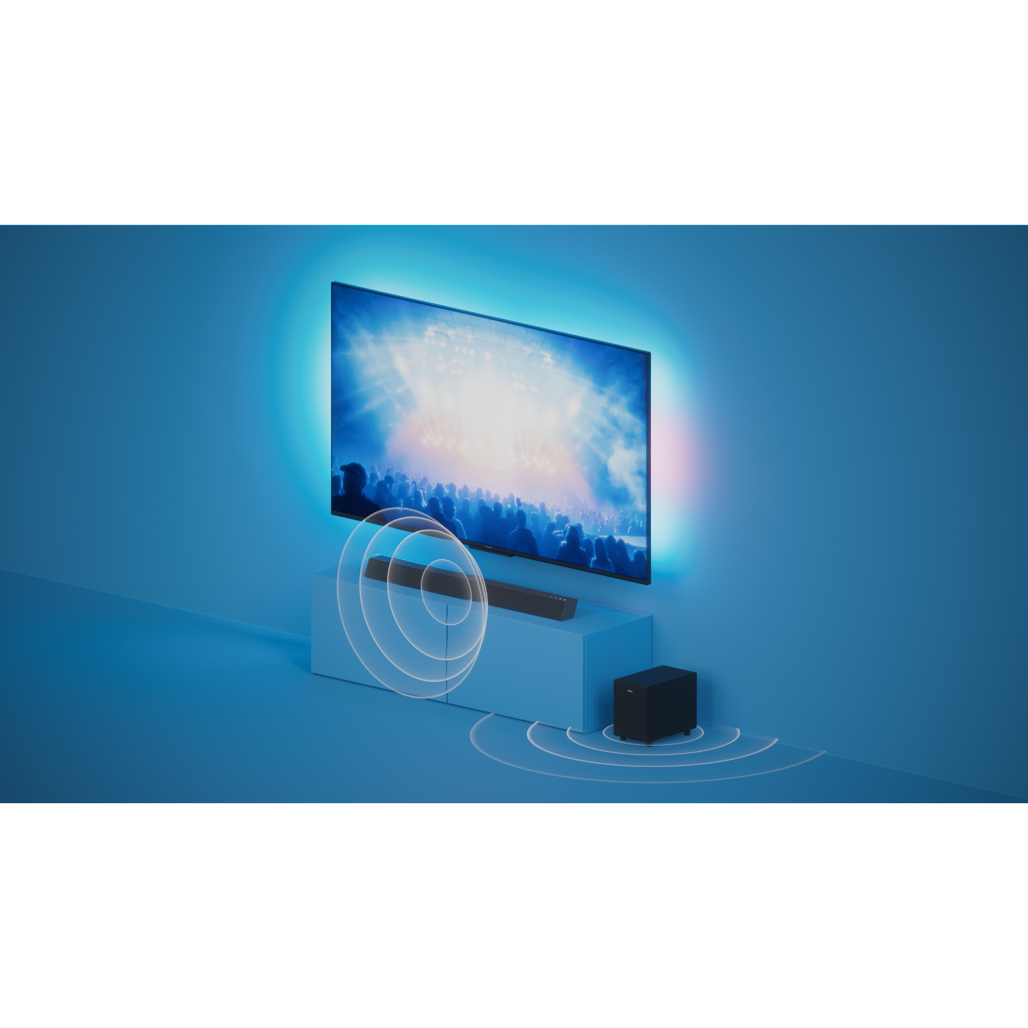 Een blauw verlichte scène met een tv, soundbar en subwoofer. Witte geluidsgolven worden getoond.