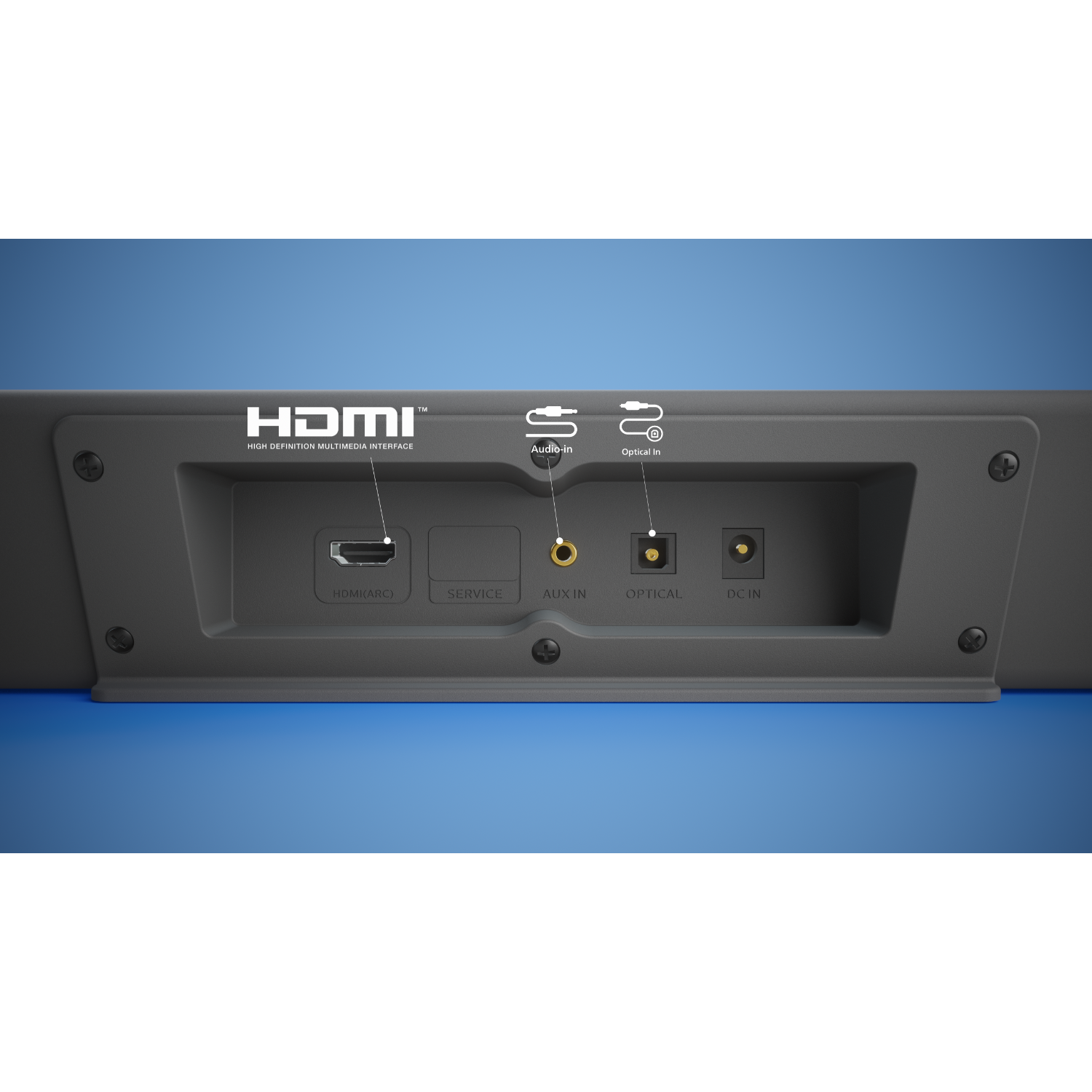 Close-up van het achterpaneel van een soundbar. Het heeft HDMI, AUX, Optical en DC IN poorten. De achtergrond is een blauwe gradiënt.