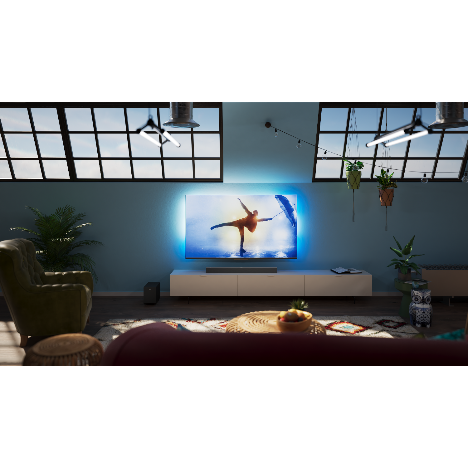Moderne woonkamer met een grote tv. Een ballerina-afbeelding op de tv. Bank, planten en ramen zijn zichtbaar.