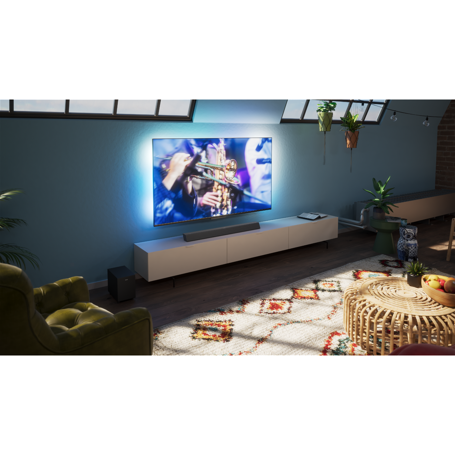 Tv op witte standaard; muzikant op scherm, kleed, fauteuil.