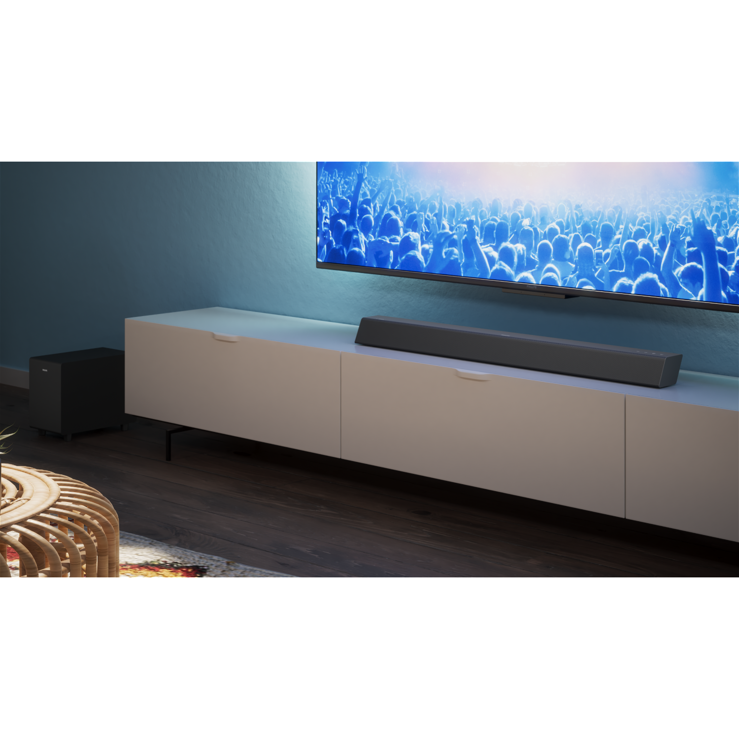 Een home entertainment-opstelling met een tv die een afbeelding weergeeft en een soundbar eronder.