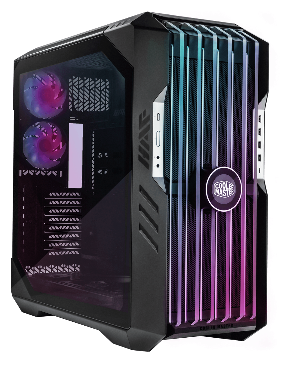 Fekete számítógépház üveg oldallappal, világító ventilátorokkal és Cooler Master logóval.