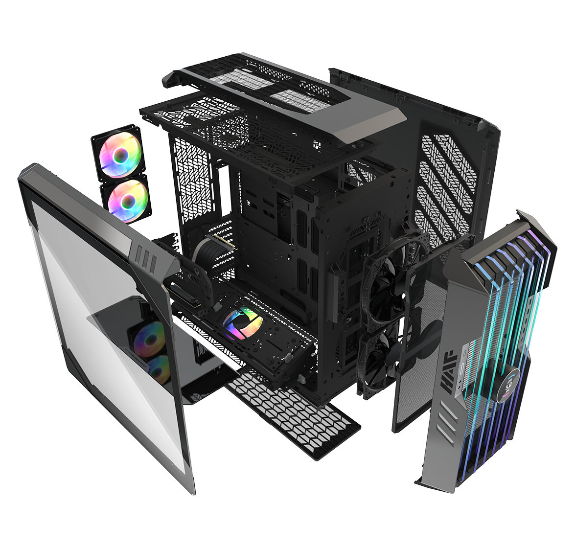 Egy fekete számítógépház robbantott ábrája RGB ventilátorokkal és alkatrészekkel. Fekete háttér.
