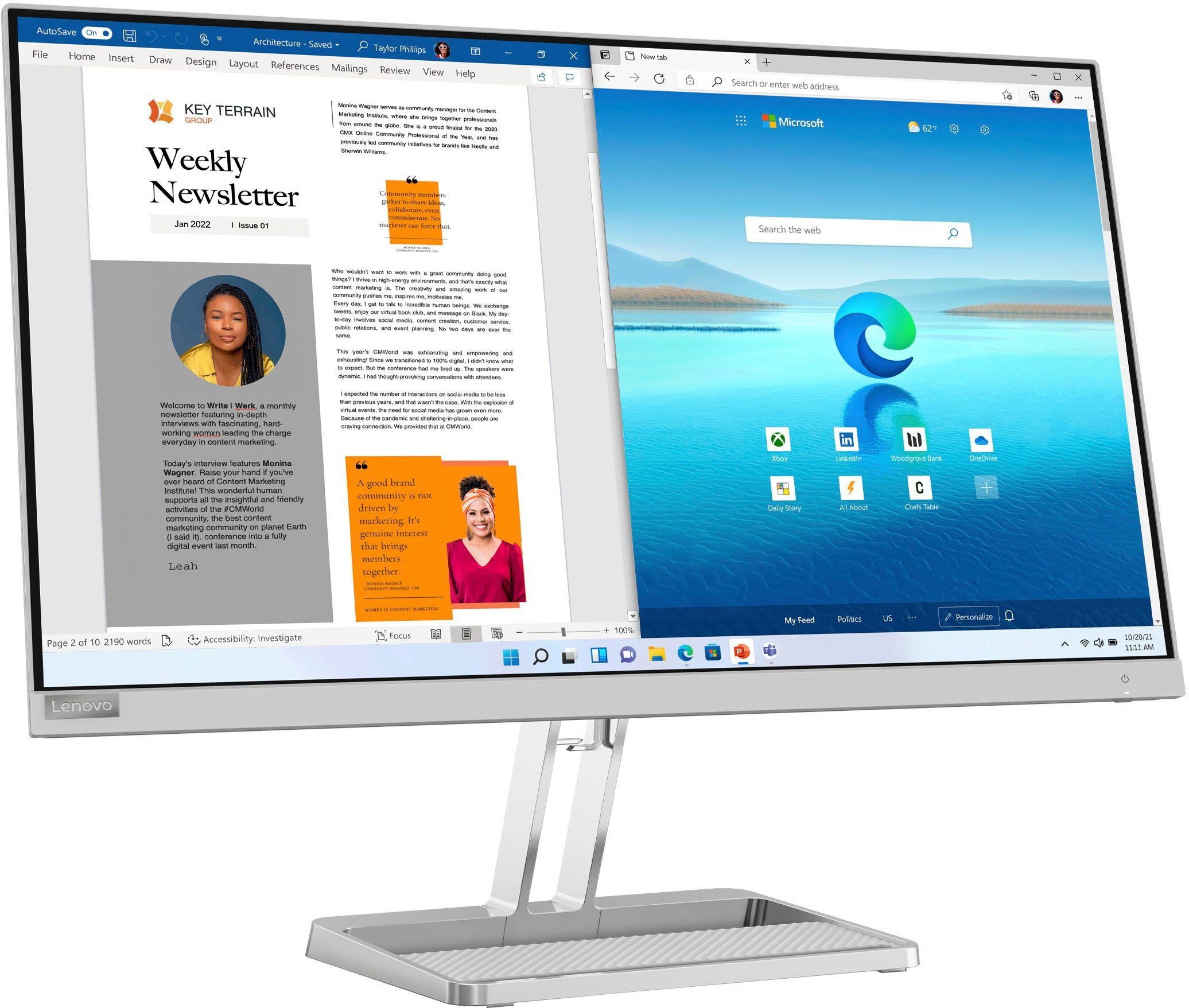 Un monitor Lenovo muestra una página web y un boletín. El monitor está sobre una superficie blanca.