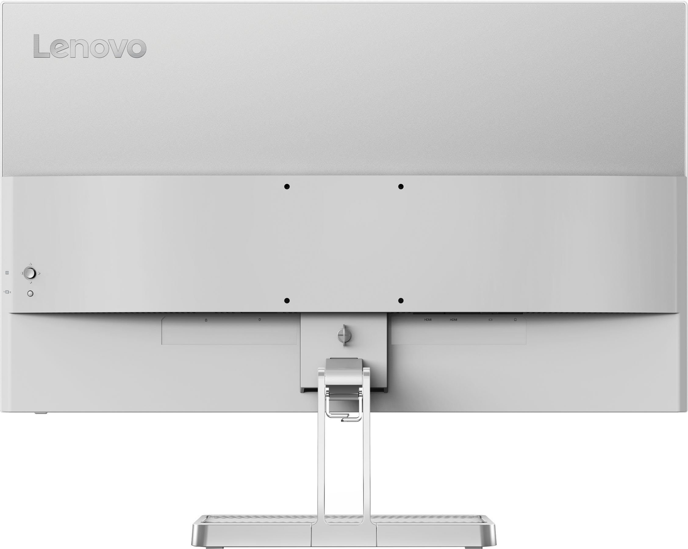 Vista trasera de un monitor Lenovo blanco. Tiene soporte, puertos y el logotipo de Lenovo.