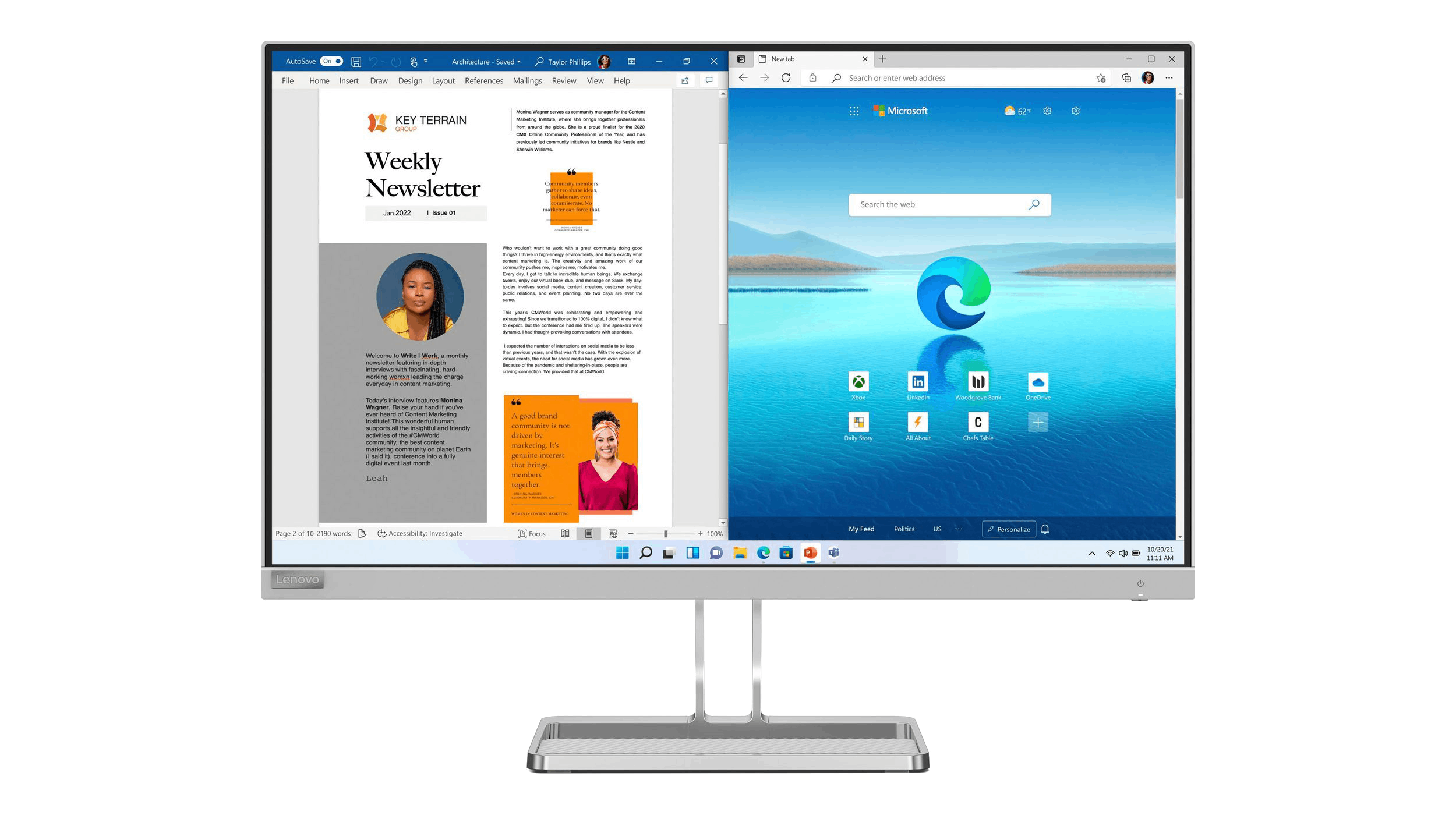 Monitor de computadora que muestra un boletín informativo y un navegador web con barra de búsqueda.
