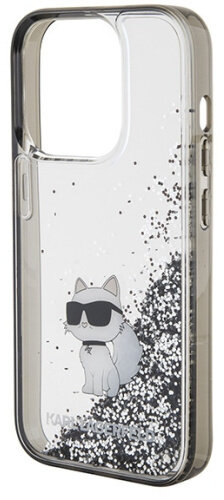 Przezroczyste etui na telefon z kotem w okularach i czarnym brokatem.