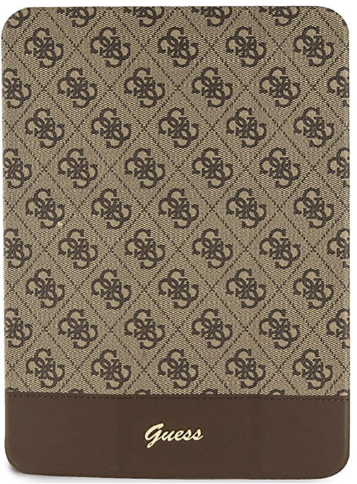 Brązowo-beżowe etui na telefon Guess z logo marki i brązowym dołem.