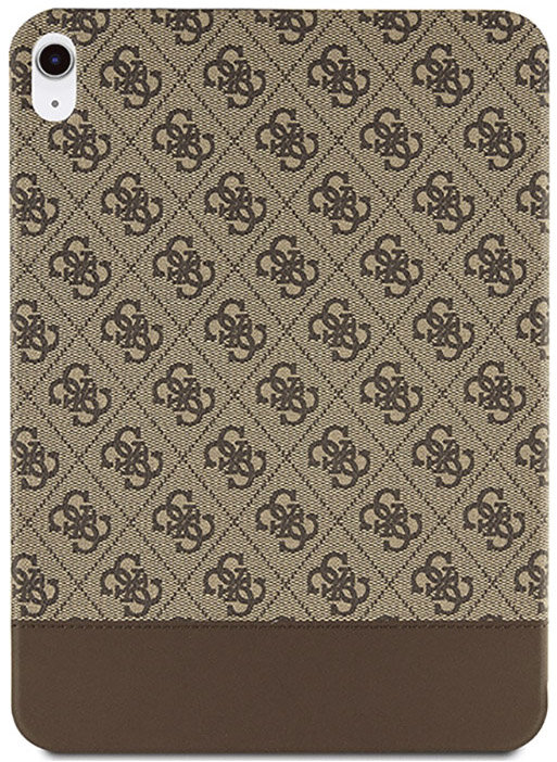 Etui na iPada z brązowym wzorem logo Guess i brązowym, skóropodobnym dołem.