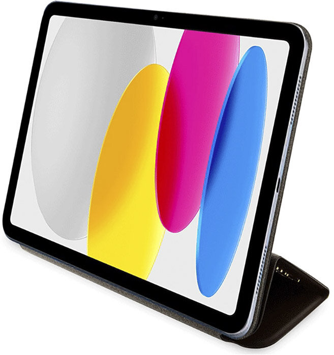 Tablet z kolorową, abstrakcyjną tapetą w etui ochronnym.