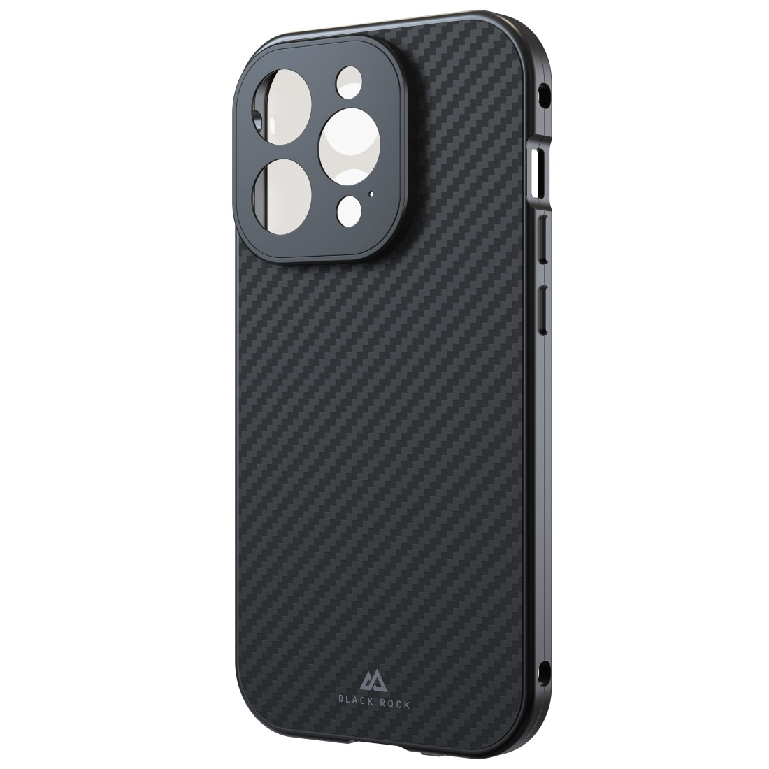 Eine schwarze Handyhülle mit Karbonfaser-Design. Sie hat einen Kameraausschnitt und das Black Rock Logo.