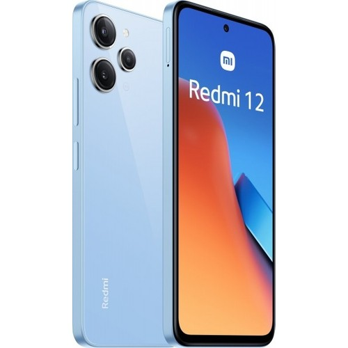 Açık mavi Redmi 12 telefon, üç arka kamerası ve turuncu ve mavi bir görüntü gösteren ekranı ile.
