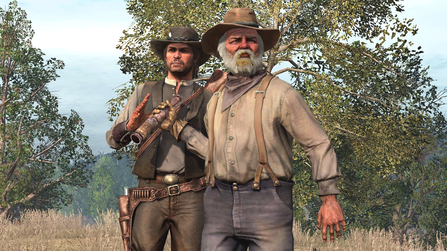 Zwei Männer in Cowboy-Kleidung, einer mit Gewehr.