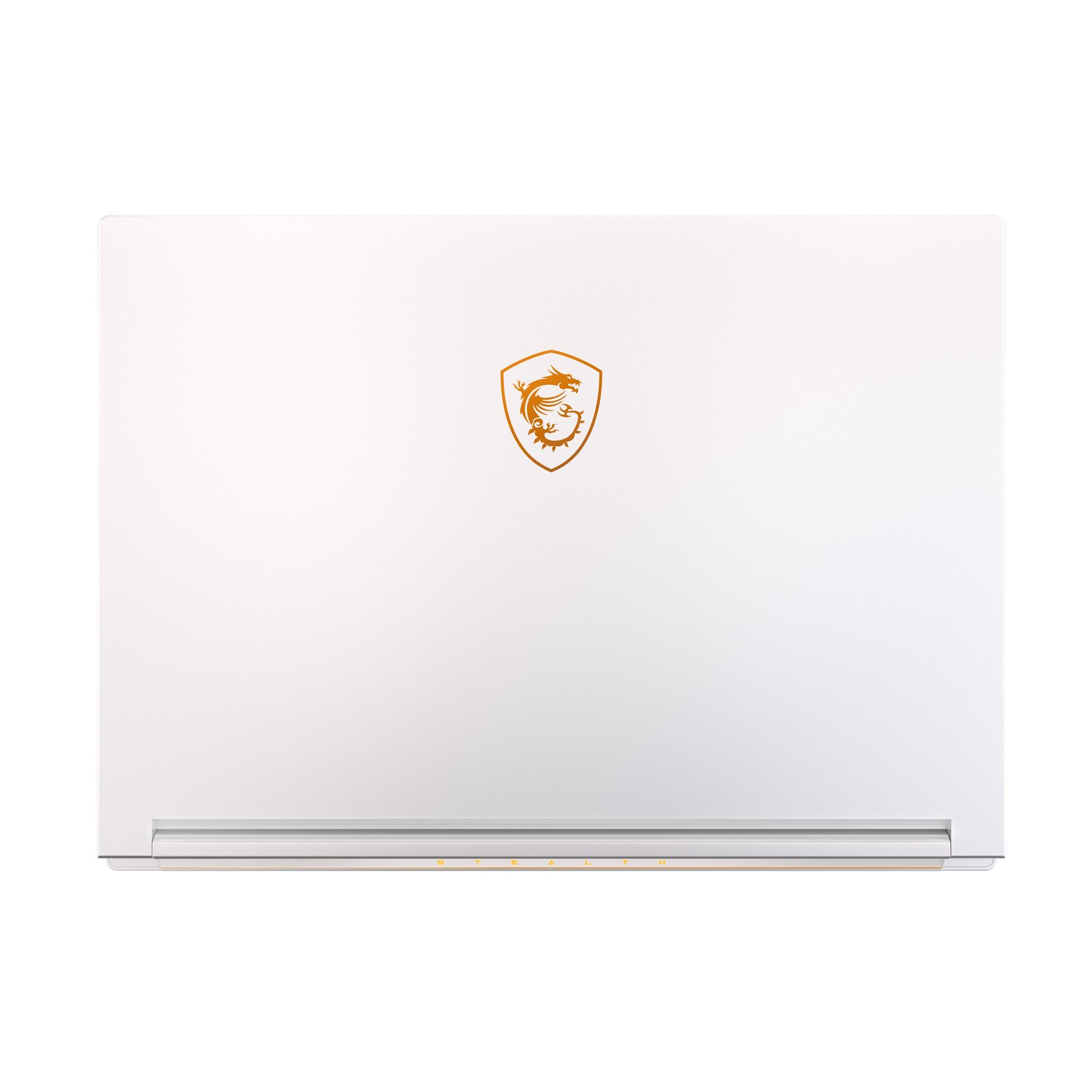 Witte laptop met gouden logo op de achterkant.