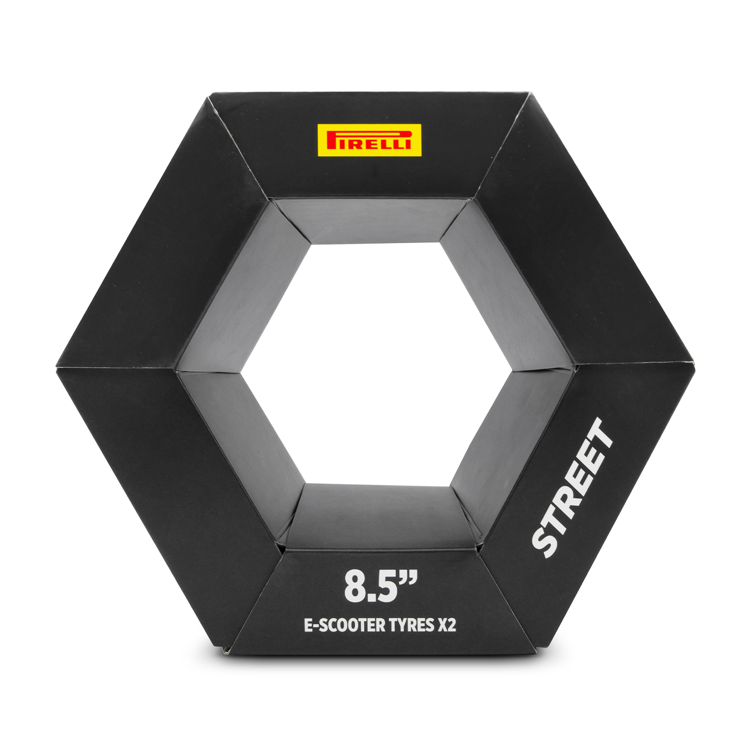 Scatola nera esagonale con testo 'PIRELLI' e 'STREET'. '8.5" E-SCOOTER TYRES X2' sul lato.